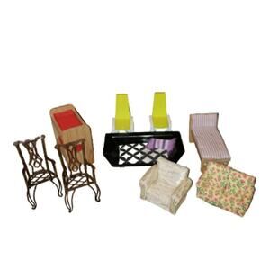 Vintage Dollhouse Wooden, Fabric, And Metal Furniture